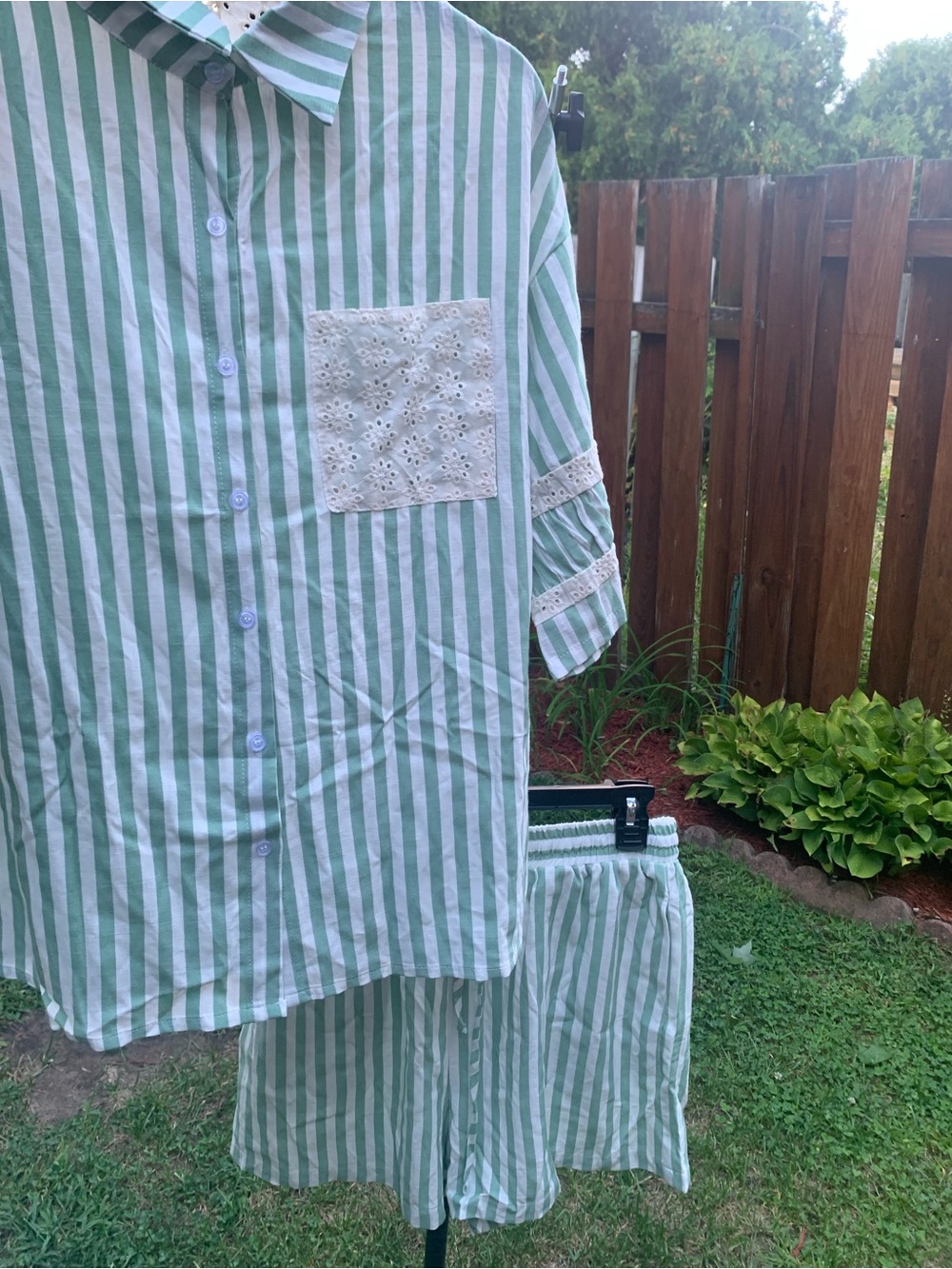 Women’s Green & White Striped Button-Up PJ Top with Shorts! Lace Accents!
